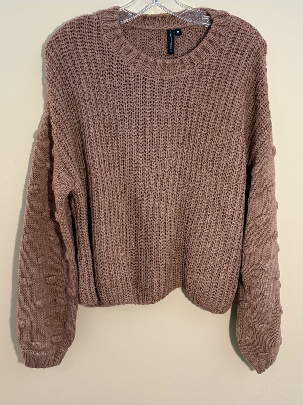 Moon & Madison Warm Taupe Chunky Knit Bobble Sleeve Cropped Sweater Size-M
